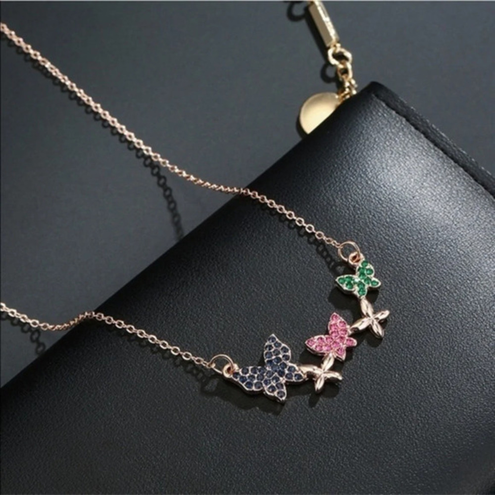 Rainbow Crystal Butterfly Necklace Gold Tone Dainty Charm Y2K Fairycore Jewelry